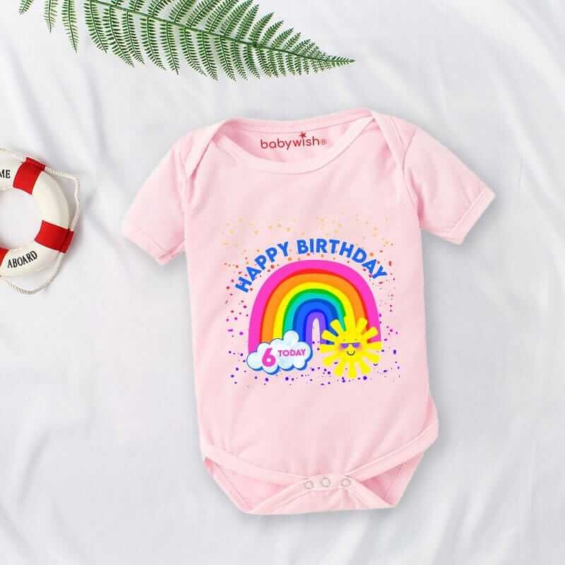 Baby First Birthday Romper Outfit for Newborns – Half Sleeve Bodysuits, Unisex Onesies with Envelop Neck, Cute “Happy Birthday 6th Day” Print