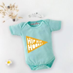 Hip Hip Hooray Baby Romper for Newborn Babies, Soft Cotton Half Sleeve Onesie, Cute Printed Infant Bodysuit, Comfortable Baby Summer Wear, Mint Green Color Baby Clothing, 0-12 Months | Babywish