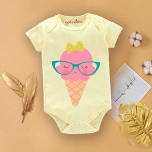Cute Ice Cream Print Baby Romper Soft Cotton Half Sleeve Newborn Bodysuit Adorable Infant Summer Wear Comfortable Baby Clothes Yellow Color 0-12 Months | Babywish