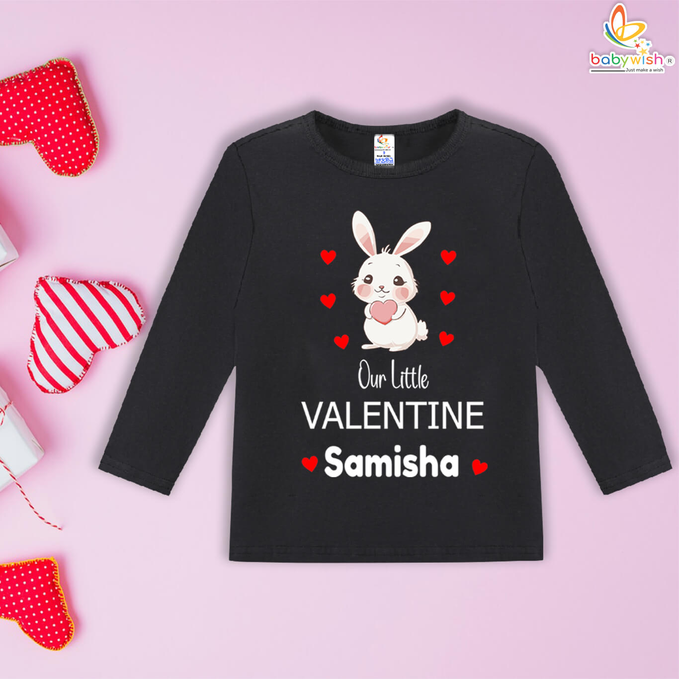 Baby Valentine Bunny Print Full Sleeve T-Shirt | Personalized Kids Valentine Outfit | Soft Cotton | Custom Name | Red, Red-White, Black, Black-White | Babywish
