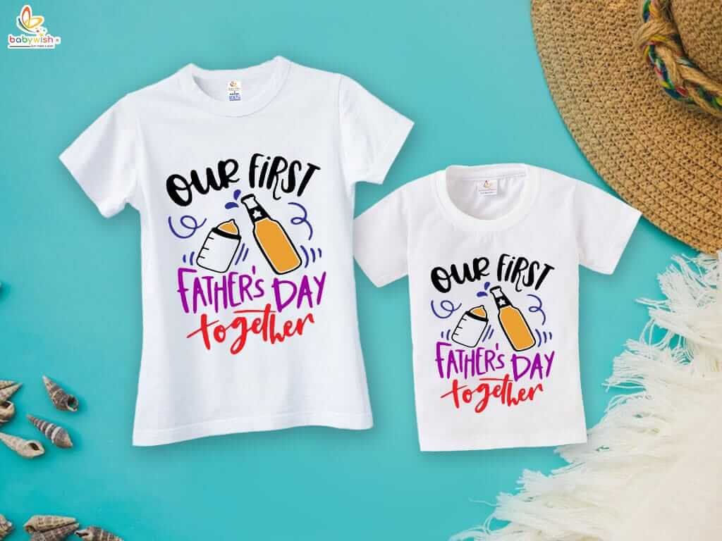Fathers Day Special Matching T-Shirts Set for Dad and Kid - Our First Father’s Day Together - Bottles Print - Combo Pack of 2 | Cute Family Outfit - Babywish