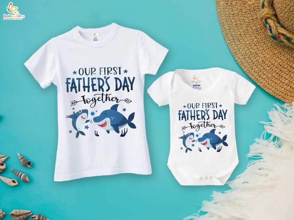 Our First Father’s Day Together Shark Print Combo | Special White T-Shirts & Romper Set for Dad and Baby | Cute Gift Pack of 2 for New Dads - Babywish