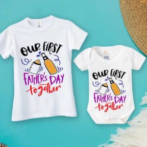 Our First Father’s Day Together Bottles Print Combo | Special White T-Shirts & Romper Set for Dad and Baby | Cute Gift Pack of 2 for New Dads - Babywish