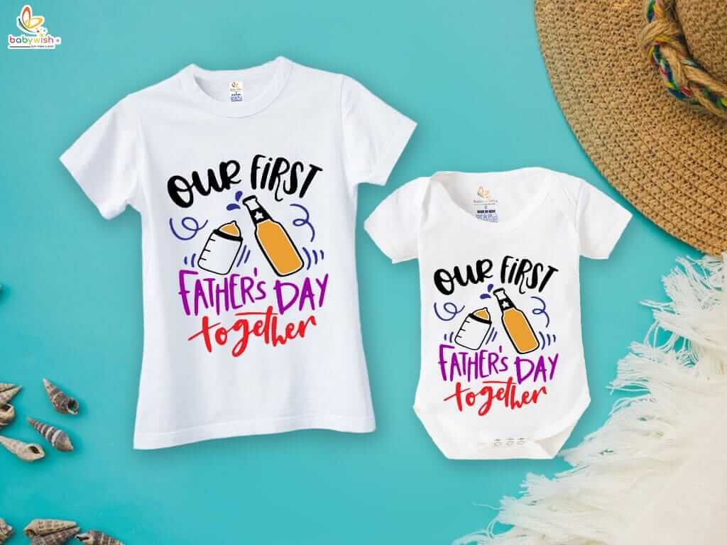 Our First Father’s Day Together Bottles Print Combo | Special White T-Shirts & Romper Set for Dad and Baby | Cute Gift Pack of 2 for New Dads - Babywish