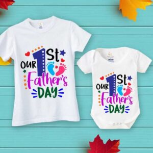 Our 1st Father's Day Special Combo White T-Shirts & Romper Sets for Father and Baby | Cute Foot Print Matching Outfit Pack of 2 | New Dad Gift - Babywish