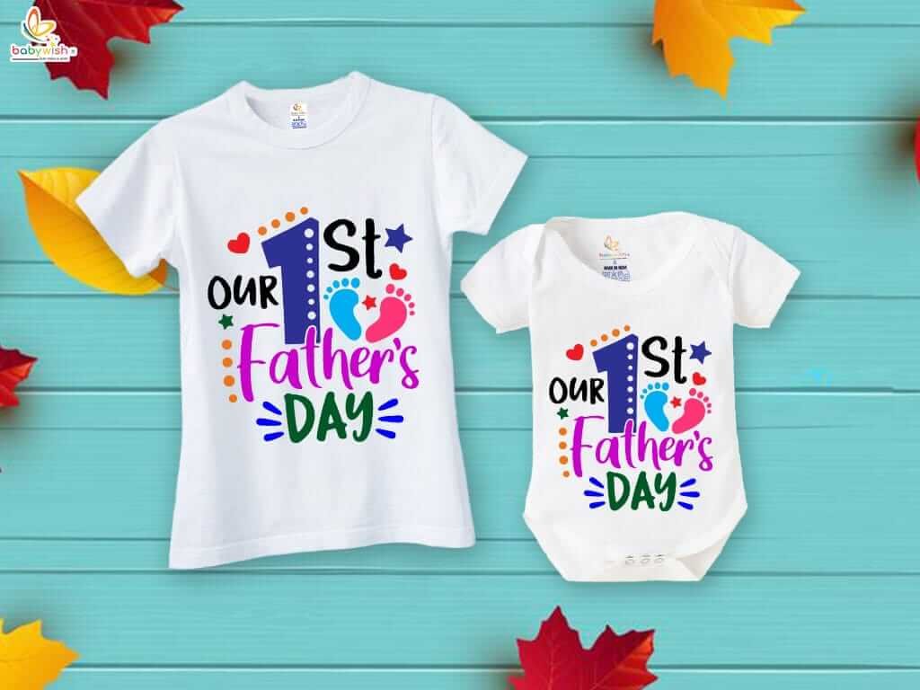 Our 1st Father's Day Special Combo White T-Shirts & Romper Sets for Father and Baby | Cute Foot Print Matching Outfit Pack of 2 | New Dad Gift - Babywish