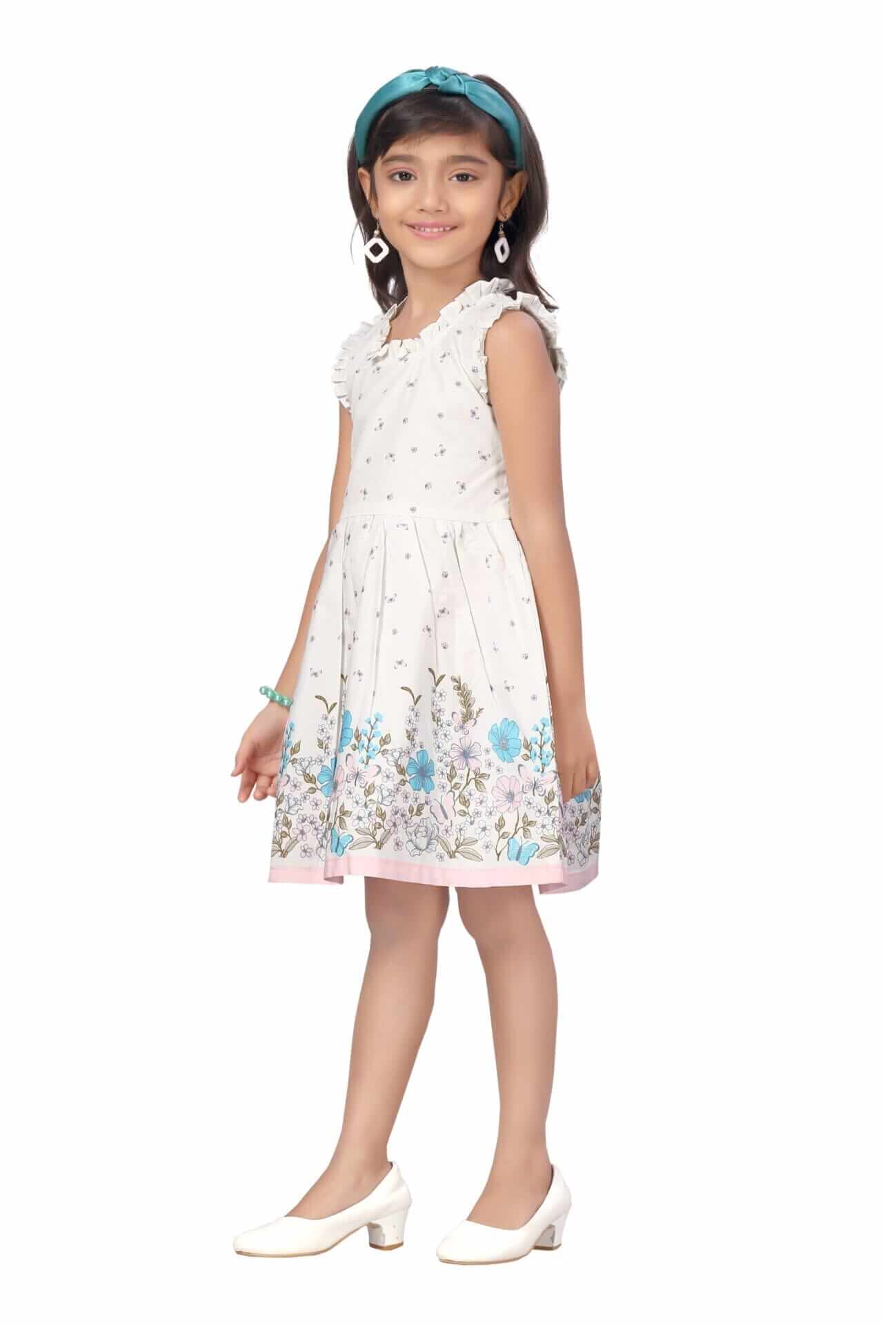 Girls Floral Print Knee Length Cotton Dress – Flutter Sleeve Party Frock - Image 9