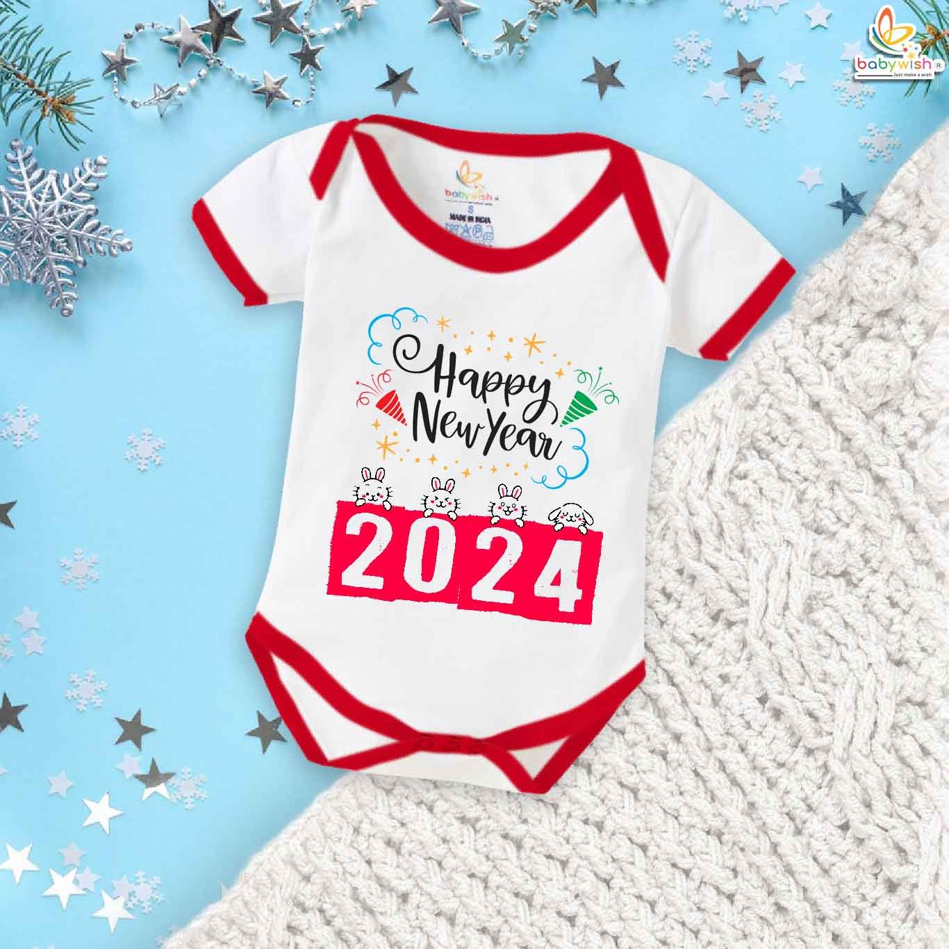 My First Happy New Year Baby Romper with Crackers Print – Soft Cotton Full Body Bodysuit for Infant Boys & Girls | Cute Unisex Festive Party Wear & Photoshoot Outfit | Babywish