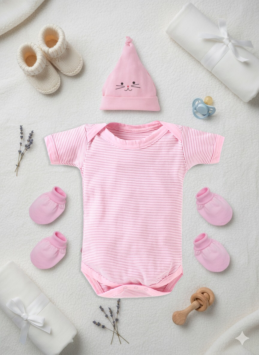 Newborn Baby Gift Set Pink Cotton Clothing Set for Baby Girl | Soft Cotton Baby Romper with Cap, Mittens, Booties & Wrap Blanket | Hospital Take Home Set | Babywish