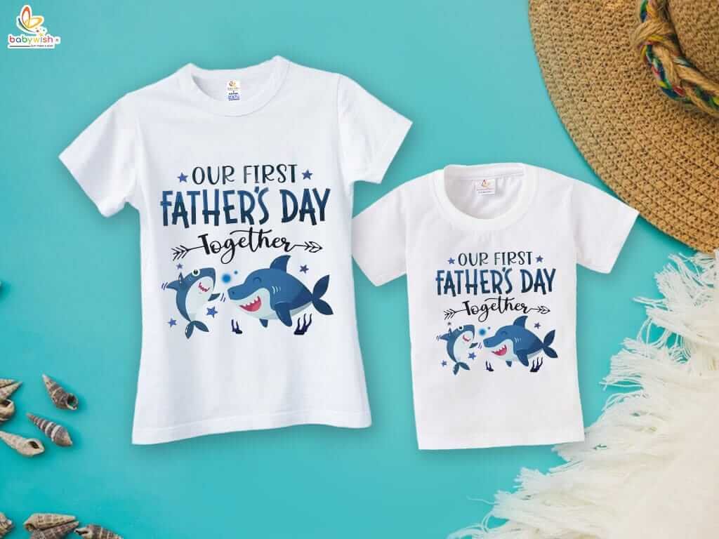 Fathers Day Special Matching T-Shirts Set for Dad and Kid - Our First Father’s Day Together - Shark Print Combo Pack of 2 | Unique Family Gift - Babywish