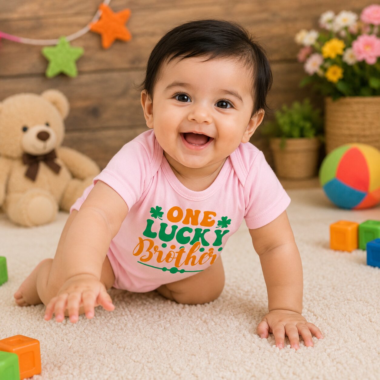One Lucky Brother Baby Romper | Cute Sibling Theme Cotton Baby Bodysuit | Soft Half Sleeve Newborn Onesie for Baby Boys & Girls | Babywish
