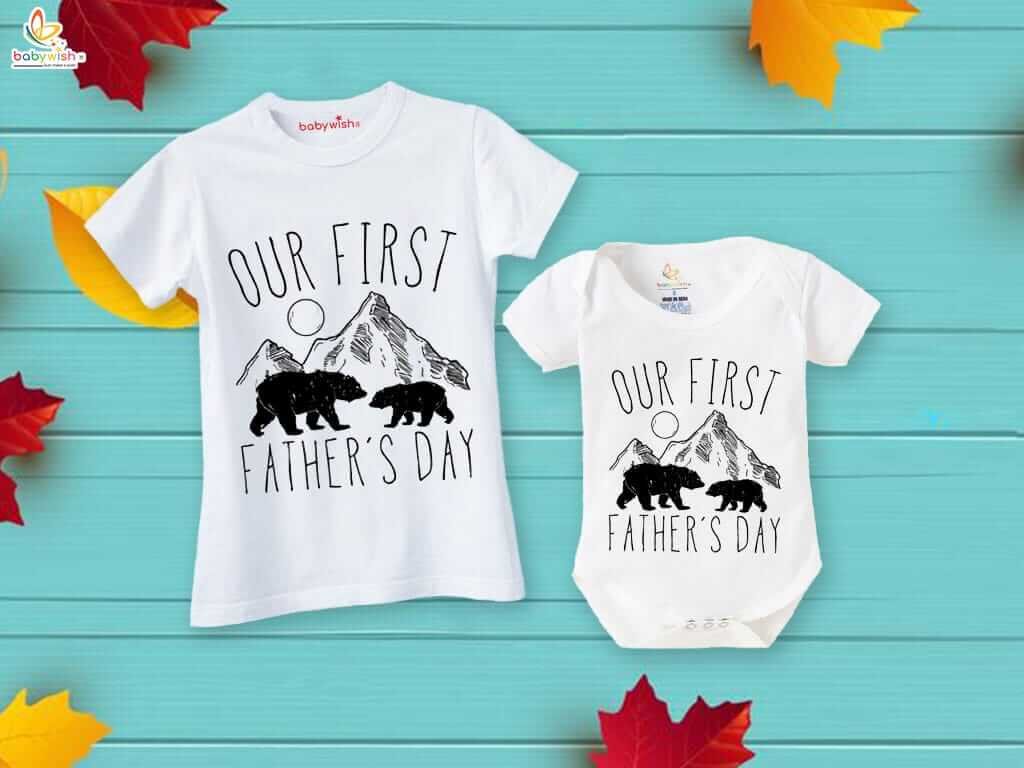 Our First Father's Day Matching Combo for Dad and Baby | Cute Bear Print White T-Shirt & Romper Set | Special Gift Pack of 2 for New Dads - Babywish