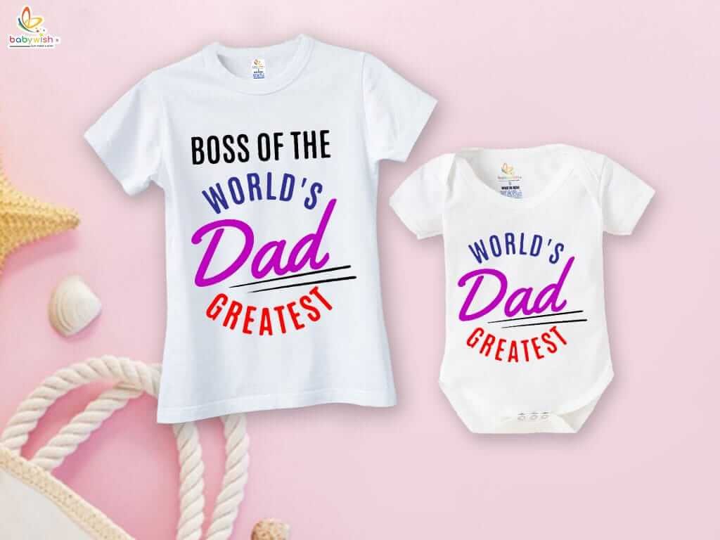 Father’s Day Special Combo White T-Shirts & Romper Set for Dad and Baby | WORLD'S GREATEST DAD Matching Outfit Gift Pack of 2 | Perfect for New Dads - Babywish