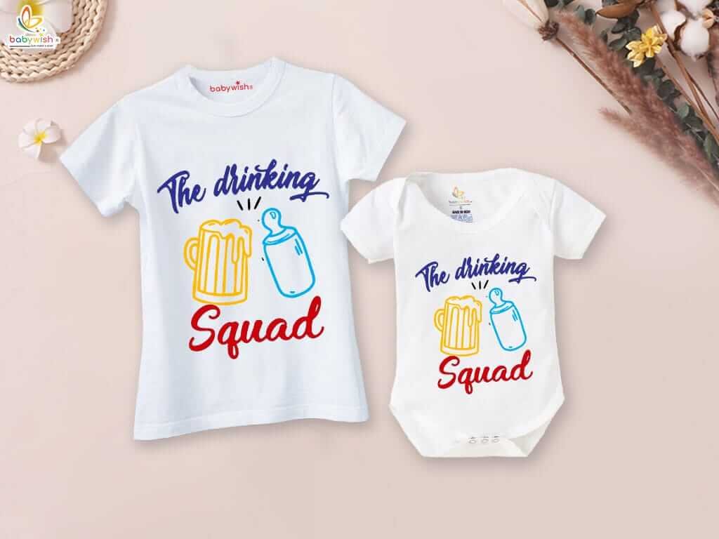 Father's Day Matching T-Shirt & Romper Combo for Dad and Baby | The Drinking Squad Gift Set | Fun Outfit Pack of 2 for Father & Child - Babywish