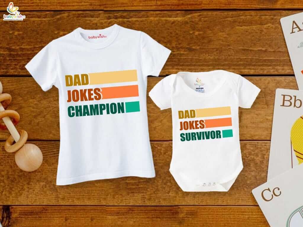 Father's Day Special Combo T-Shirts & Romper Set for Dad and Baby | Dad Jokes Champion & Survivor Matching Outfit Pack of 2 | Fun Gift Idea - Babywish