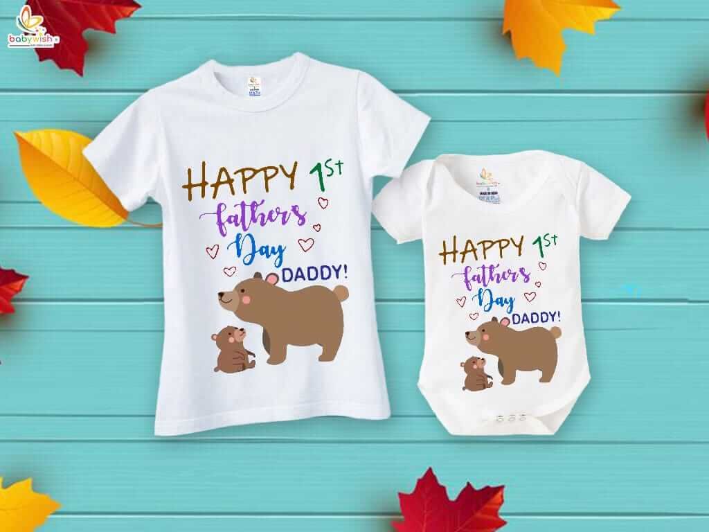 Father’s Day Special Combo White T-Shirts & Romper Set for Dad and Baby | Happy 1st Father’s Day Daddy Bear Print Matching Outfit Gift Pack of 2 - Babywish