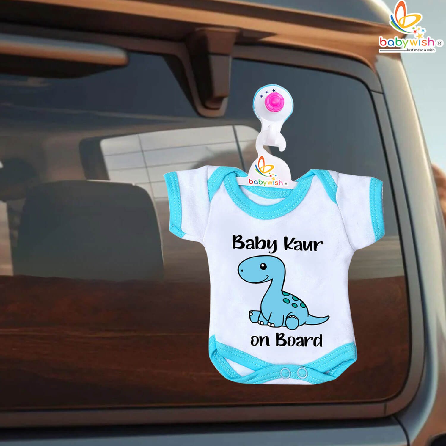 Baby On Board Car Safety Accessory – Cute Dinosaur Design Hanging Romper Sign with Strong Suction Cup for Infant Travel Alert & Child Protection in Car –Babywish