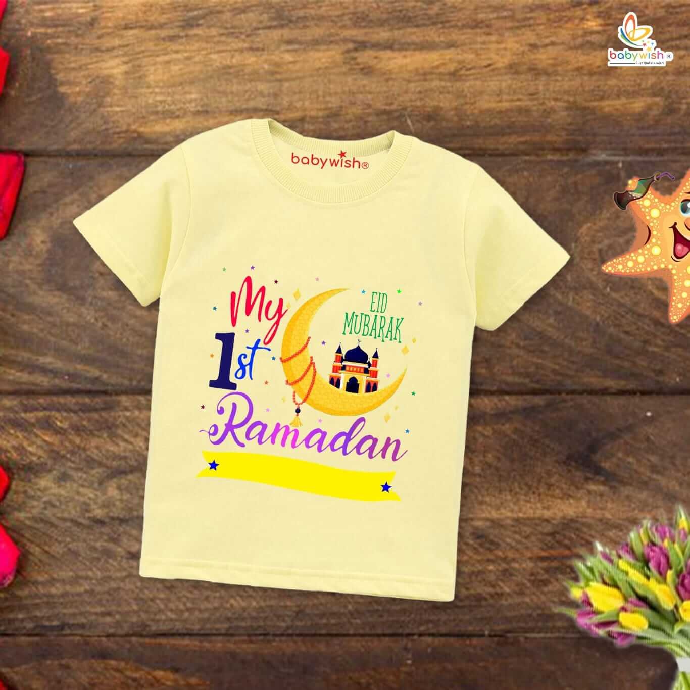 Eid T-shirt for Kids Unisex Ramadan Topwear Outfit | Printed Half Sleeve T-shirt for Boys & Girls | Festive Eid Clothing for Toddlers and Kids