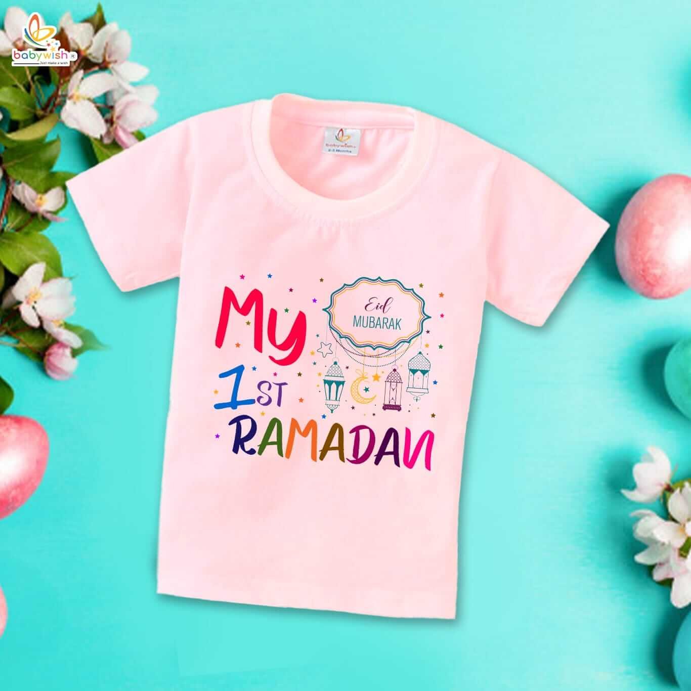 Eid T-shirt for Kids Unisex Ramadan Topwear Outfit | Printed Half Sleeve T-shirt for Boys & Girls | Festive Eid Celebration Clothing