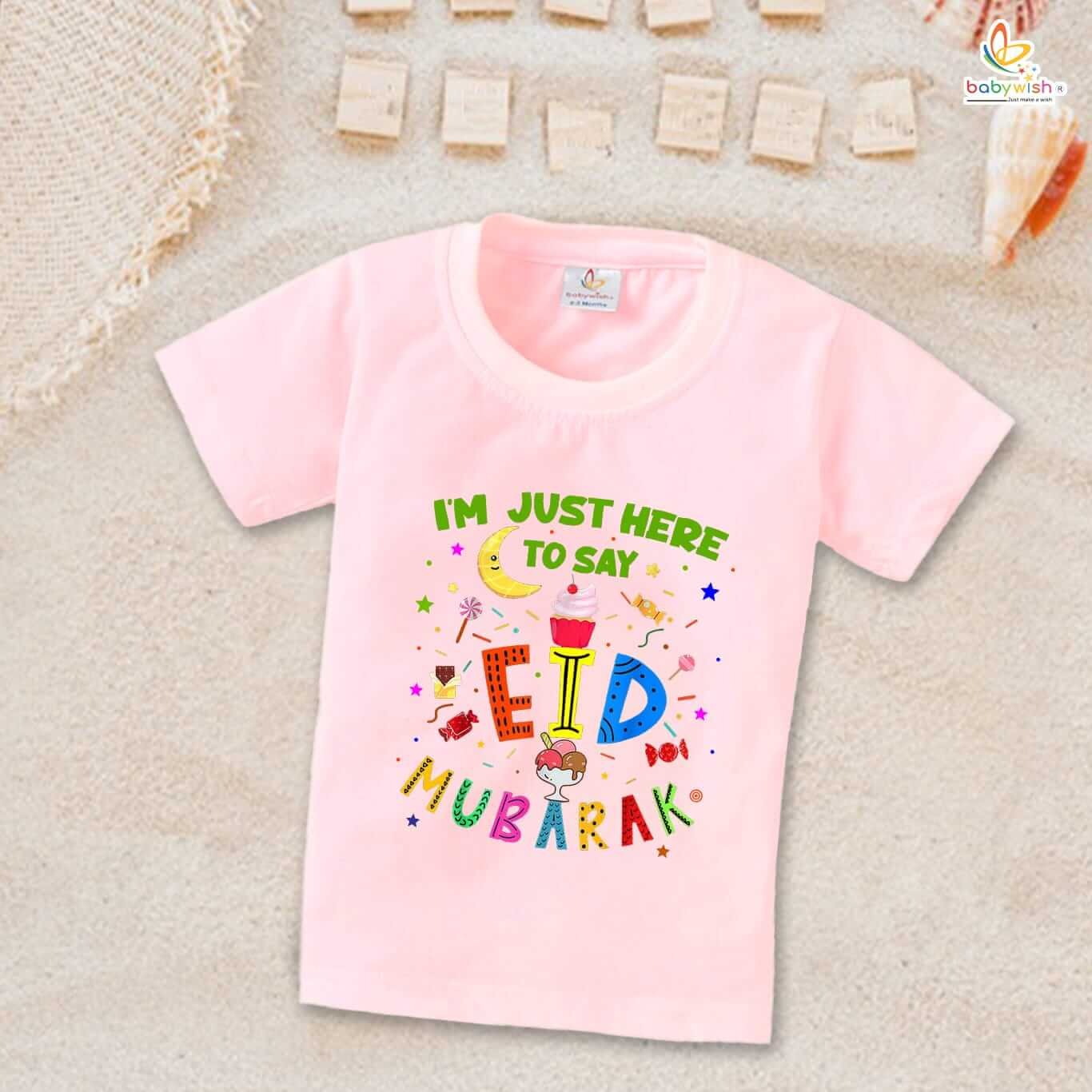Eid T-shirt for Kids Unisex Ramadan Topwear Outfit | Printed Half Sleeve Tshirt Dress for Boys & Girls | Just to Say Eid Mubarak