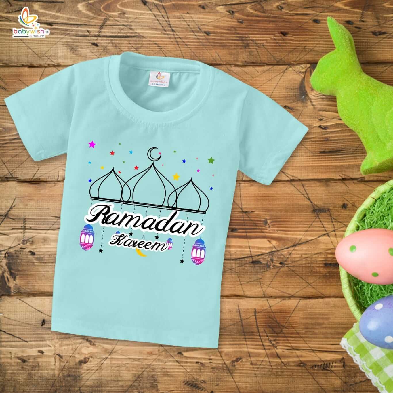 Eid T-shirt for Kids Unisex Ramadan Topwear Outfit | Printed Half Sleeve Tshirt Dress for Boys & Girls | Ramadan Kareem Star Printed