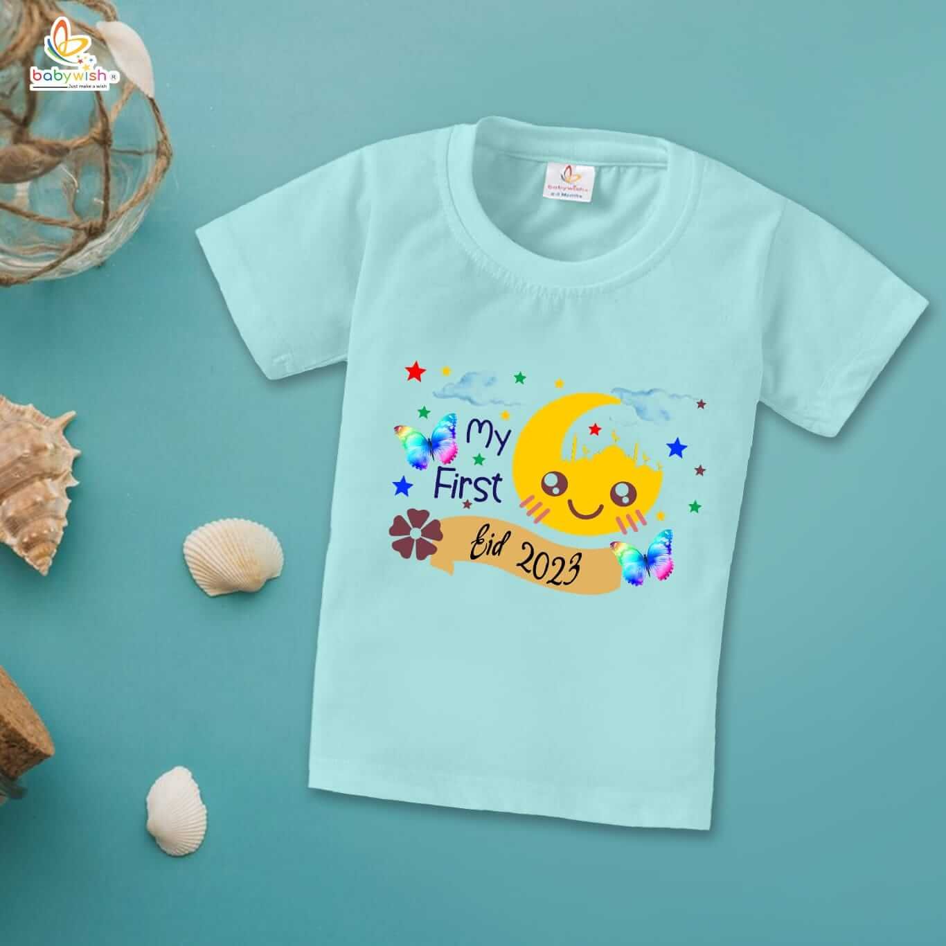 Eid T-shirt for Kids Unisex Ramadan Topwear Outfit | Printed Half Sleeve Tshirt Dress for Boys & Girls | "First Eid Festivals in 2023"
