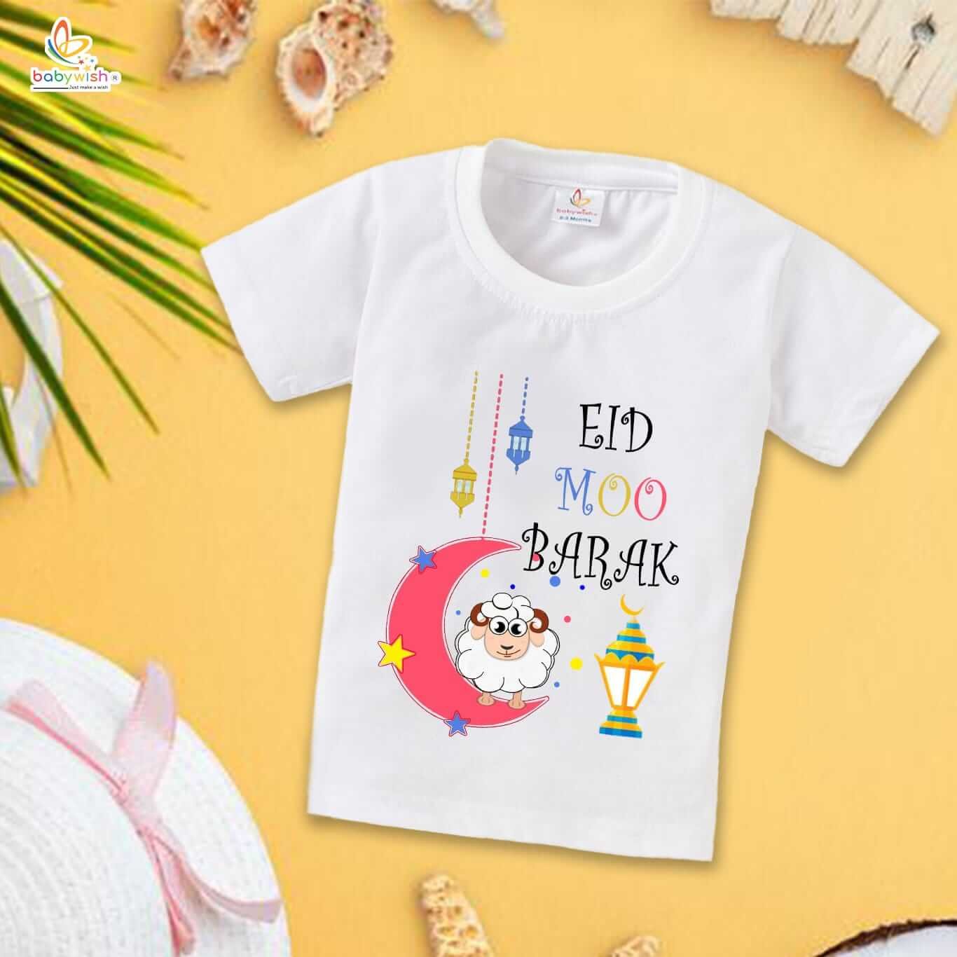 Eid T-shirt for Kids Unisex Ramadan Topwear Outfit | Printed Half Sleeve Tshirt Dress for Boys & Girls | Eid Moo Barak