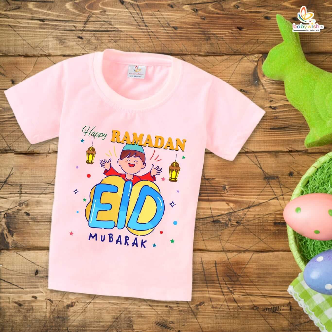 Eid T-shirt for Kids Unisex Ramadan Topwear Outfit | Printed Half Sleeve Unisex T-shirt for Boys & Girls | Festival Clothing for Toddlers & Kids