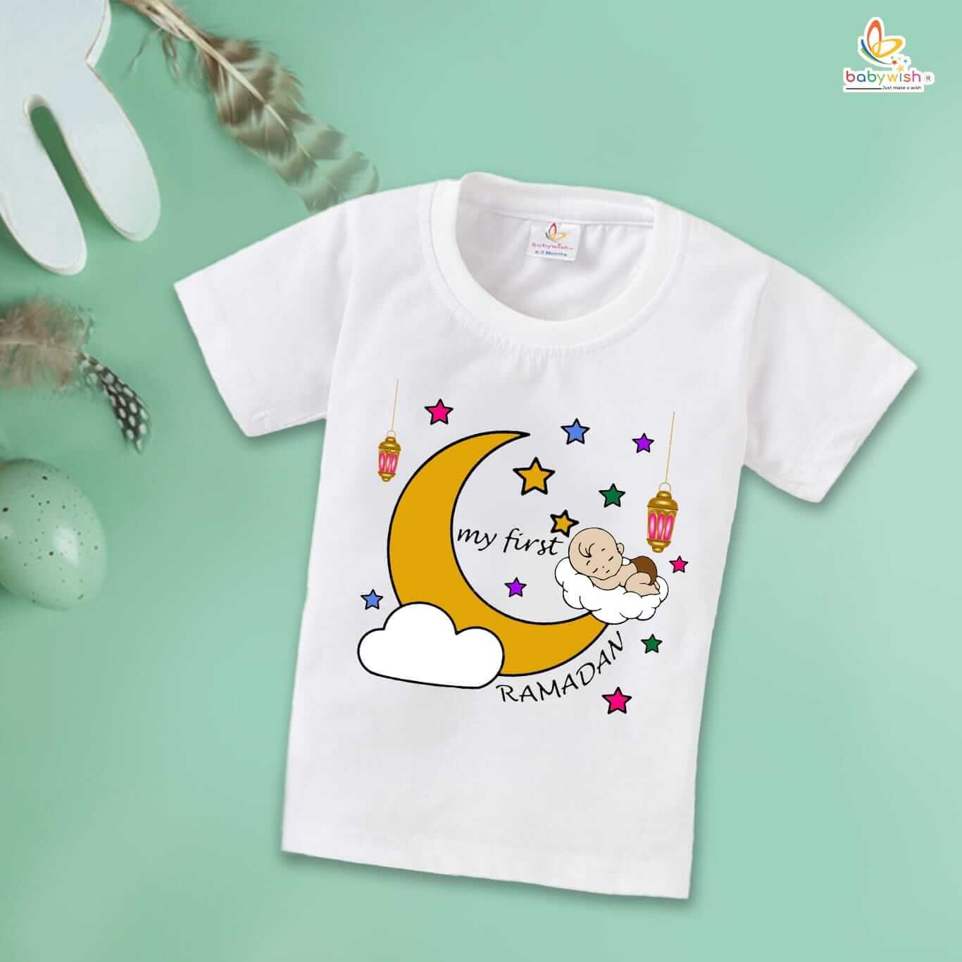 Eid T-shirt for Kids Unisex Ramadan Topwear Outfit | Printed Half Sleeve Tshirt for Boys & Girls | Festive Eid Mubarak Clothing
