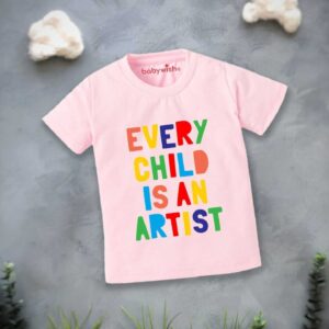 Baby summer t-shirt with “Every Child Is An Artist” colorful print in soft cotton fabric for boys and girls by Babywish