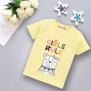 Cute Girls Rule Baby T-Shirt | Cotton Printed Half Sleeve Soft Summer Wear for Baby Girl Kids Casual Wear Lemon Pink White | Babywish