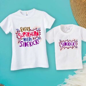 Father Son Matching Superhero Sidekick | Printed Family Combo White Cotton T Shirt for Dad Baby Kids 0-10 Years | Babywish