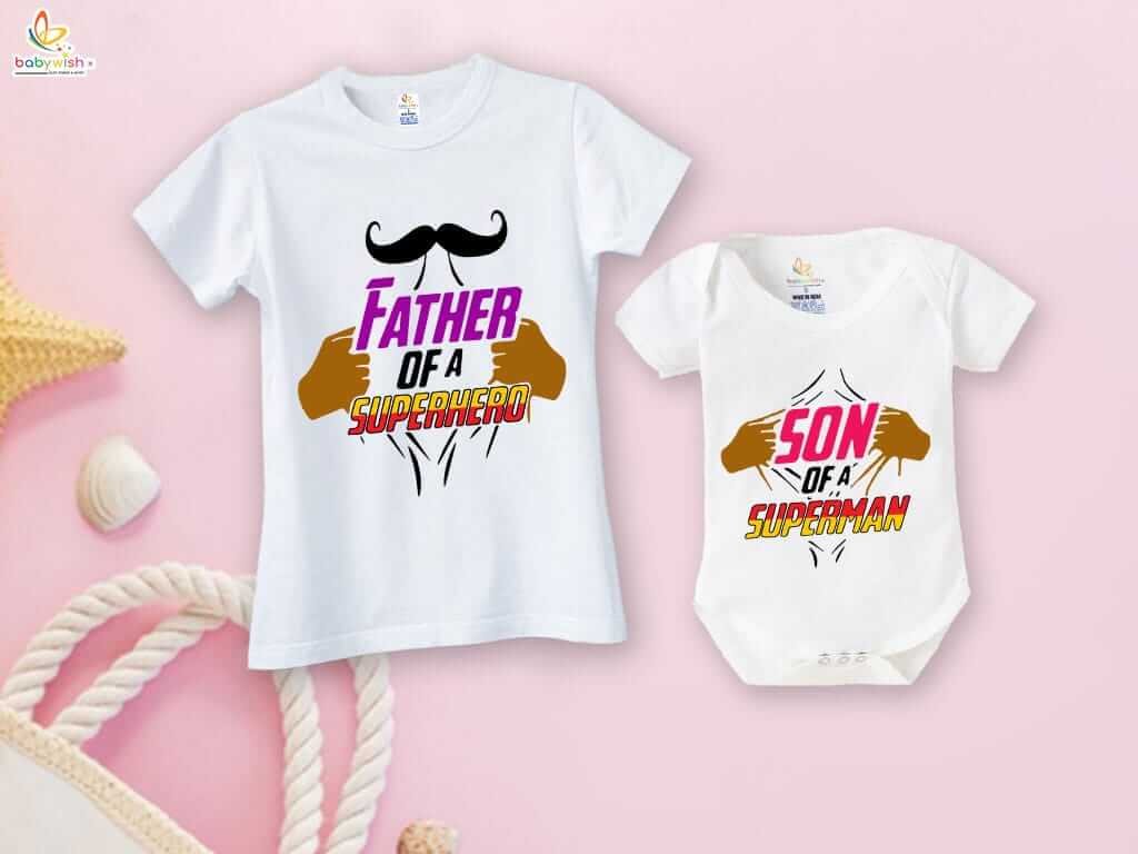 Father’s Day Special Combo White T-Shirts & Romper Set for Father and Baby | Father of a Superhero & Son of a Superman Outfit Gift Pack of 2 - Babywish