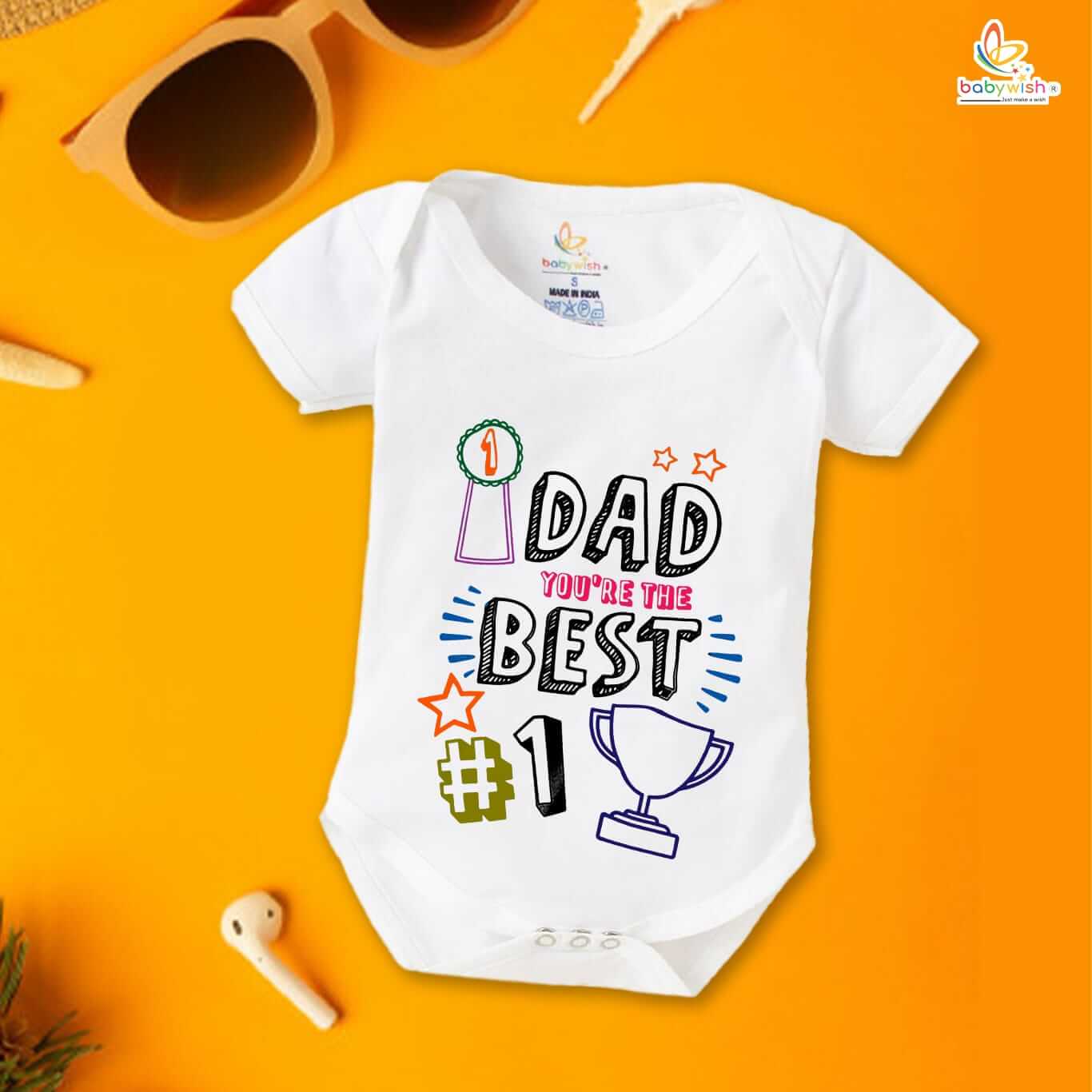Dad You’re The Best #1 Printed Baby Bodysuit Romper for Newborn Baby Boys & Girls Soft Cotton Half Sleeve Onesie White, Pink, Lemon, Red, Sea Green 0-12 Months Babywish