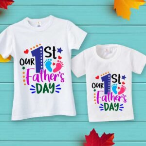Our 1st Father's Day Matching Family T-Shirt for Daddy and Baby with Colorful Footprint Design