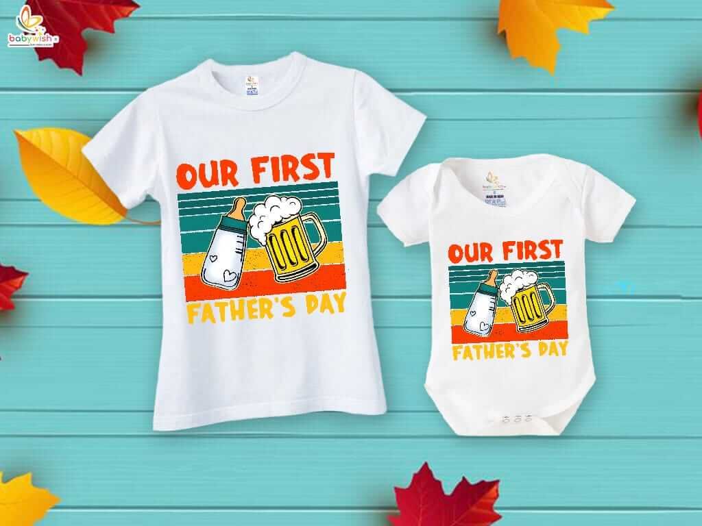 Father’s Day Special Combo White T-Shirts & Romper Set for Dad and Baby | Our First Father’s Day Milk Bottle & Glass Print Matching Outfit Gift Pack of 2 - Babywish