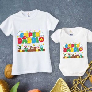 Super Daddy Matching Daddy and Baby Shirt Set with Colorful Father’s Day Graphic Print