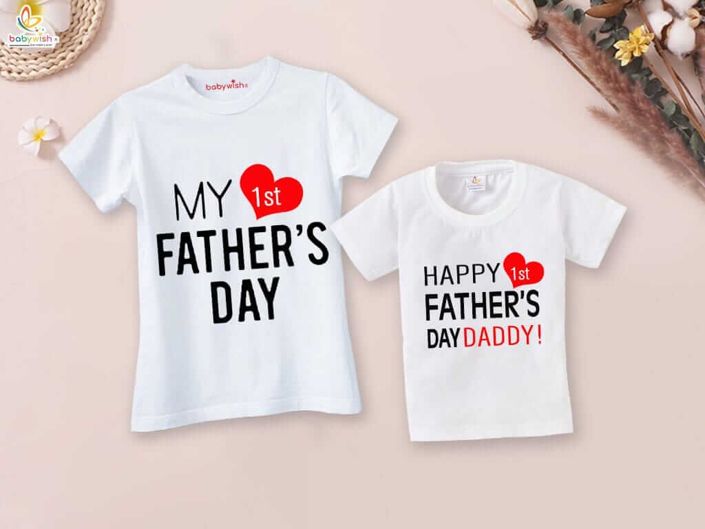 Fathers Day Special Combo White T-Shirts Sets for Father and Kid | Happy 1st Father’s Day Daddy Matching Outfit Gift Pack of 2 - Babywish