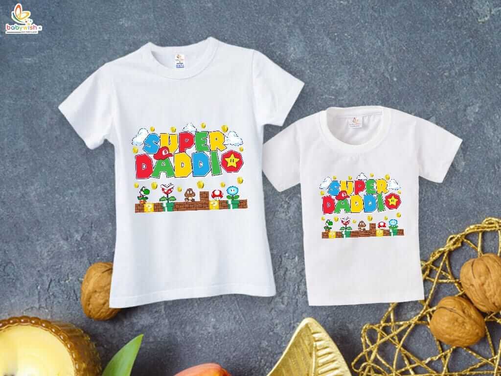 Fathers Day Special Matching T-Shirts Set for Father and Kid - SUPER DADDIO Design - Combo Pack of 2 | Fun Father and Son Gift Set - Babywish