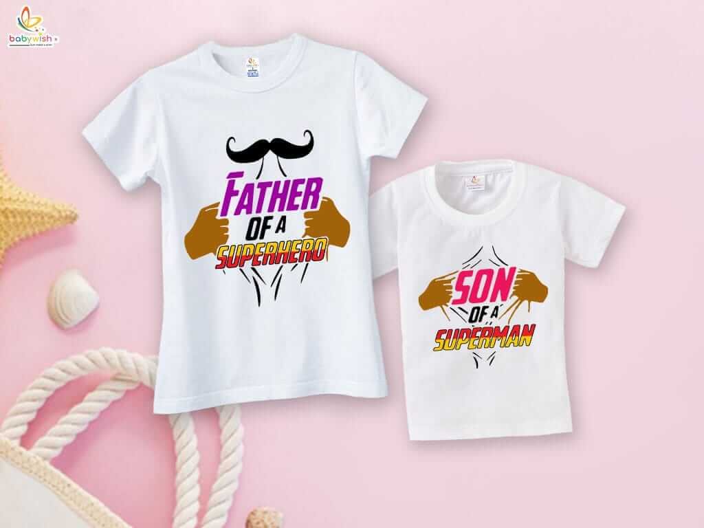 Fathers Day Special Matching T-Shirts Set for Father and Kid - Father of a Superhero & Son of a Superman Design - Combo Pack of 2 | Perfect Gift - Babywish