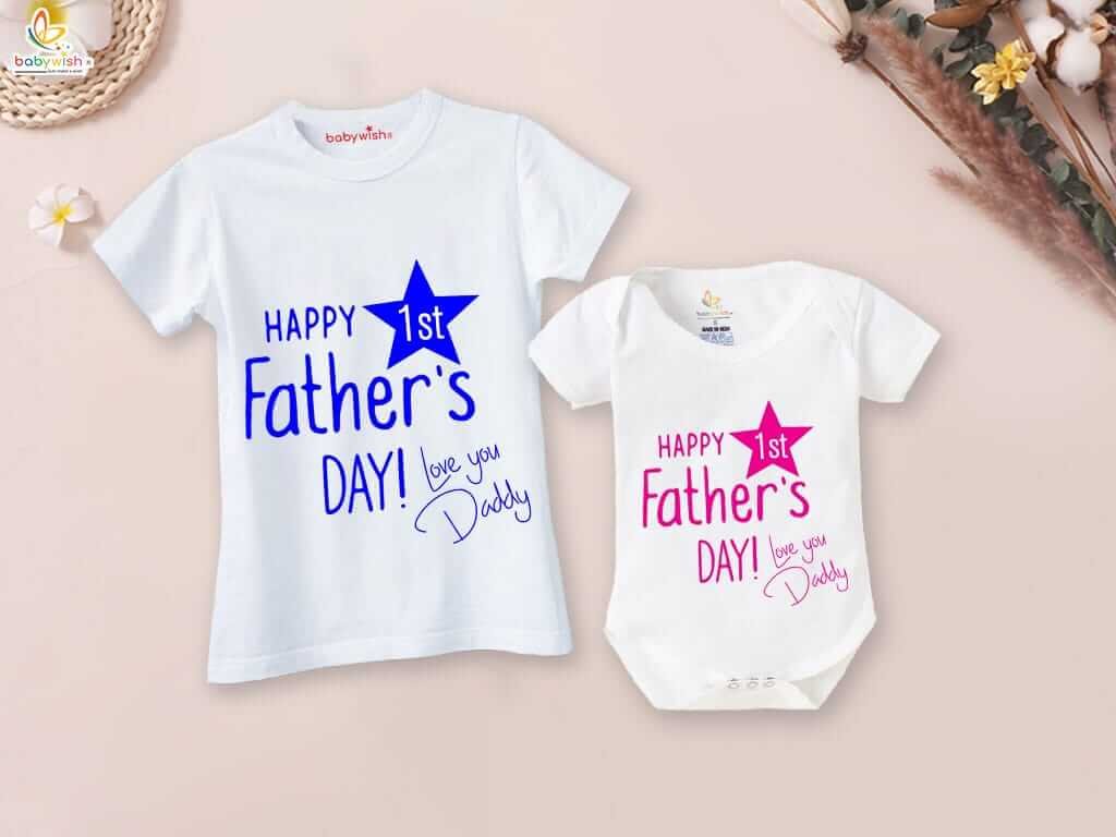 Happy 1st Father's Day Combo Set for Dad & Baby | White Matching T-Shirts and Romper Pack of 2 | Love You Daddy Outfit Gift Idea - Babywish