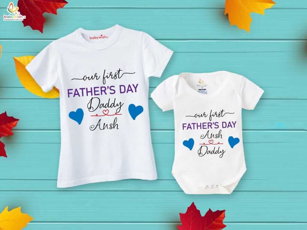 Our First Father's Day Matching T-Shirt & Romper Set for Dad and Baby | Daddy & Me White Outfit Combo Pack of 2 | Cute Gift for New Dads - Babywish