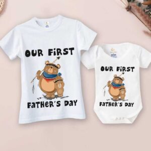 Our First Father's Day Matching Outfit Dad and Baby Matching T-Shirt and Romper Set Bear Design Babywish