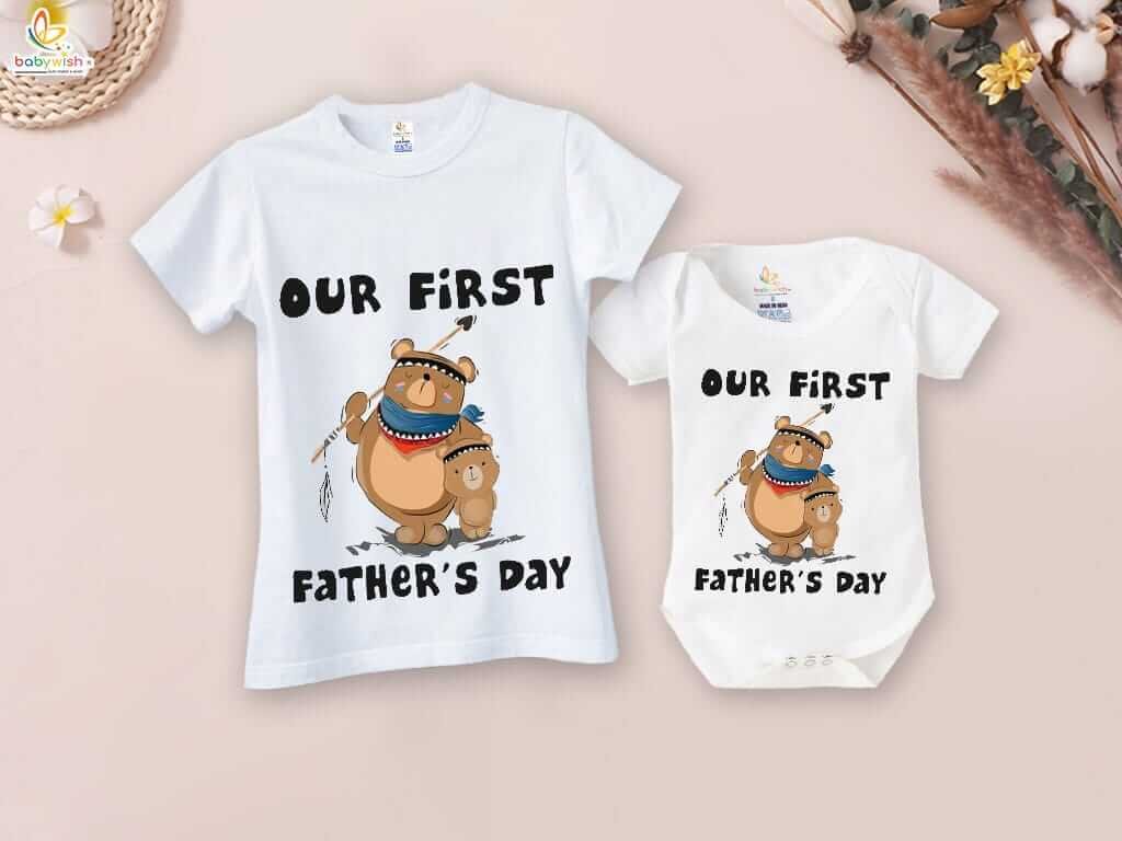 Father’s Day Special Combo White T-Shirts & Romper Set for Dad and Baby | Our First Father’s Day Bear Print Matching Outfit Gift Pack of 2 for New Dads - Babywish
