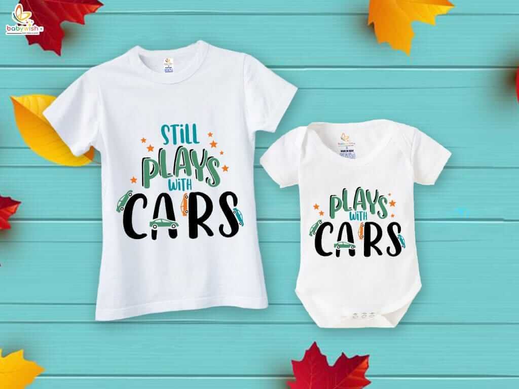 Father’s Day Special Combo White T-Shirts & Romper Sets for Father and Baby | Still Plays With Cars Matching Outfit Pack of 2 | Fun Dad & Baby Gift Set - Babywish