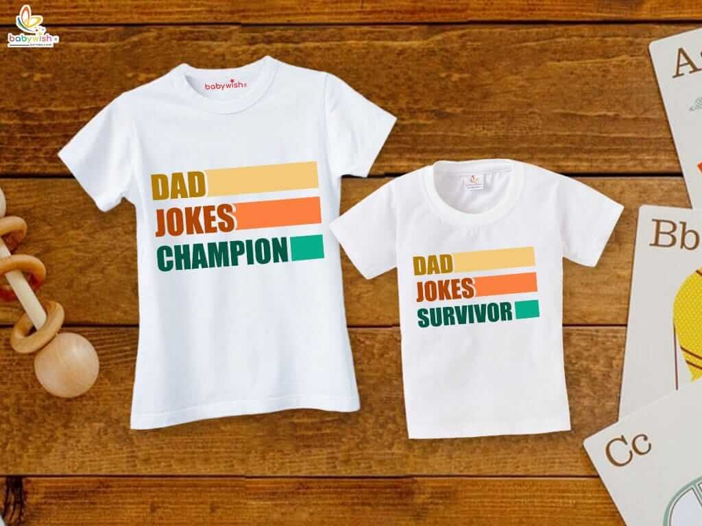 Fathers Day Special Combo White T-Shirts Sets for Father and Kid | Dad Jokes Champion & Survivor | Funny Matching Father’s Day Outfit Gift