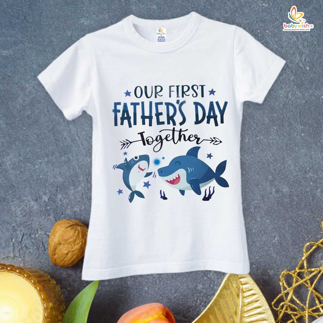 Our First Fathers Day Together Shark Matching Father Baby T-Shirt | Combo White Cotton Family Outfit | Dad Baby Matching Clothes Father Day Gift | Babywish - Image 2