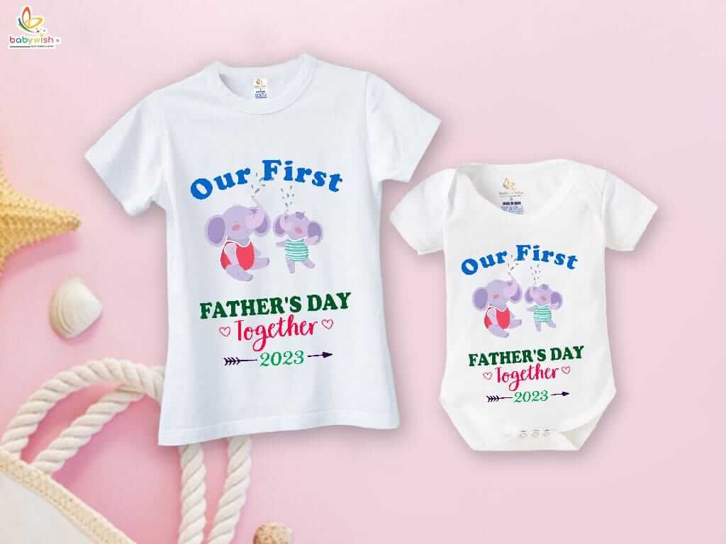 Father’s Day Special Combo White T-Shirts & Romper Set for Dad and Baby | Our First Father’s Day Together 2023 Elephant Print Matching Outfit Gift Pack of 2 - Babywish