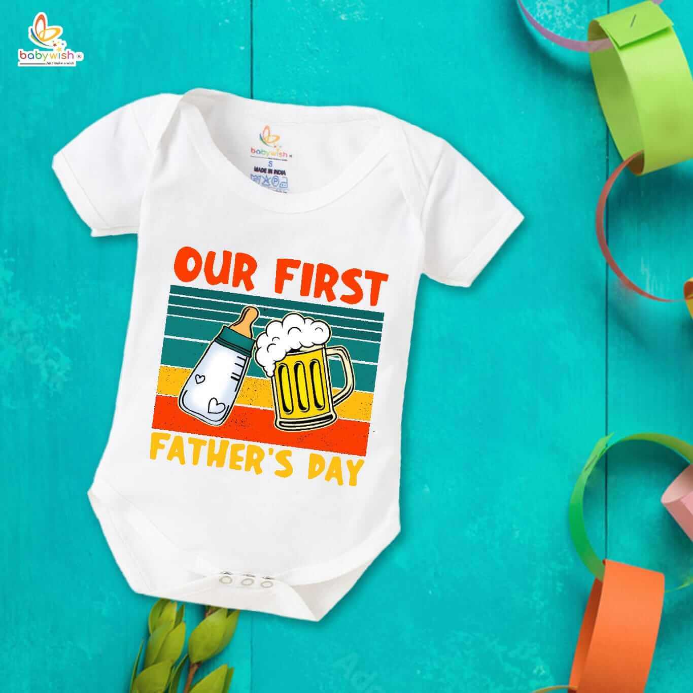 Father’s Day Special Combo White T-Shirts & Romper Set for Dad and Baby | Our First Father’s Day Milk Bottle & Glass Print Matching Outfit Gift Pack of 2 - Babywish - Image 3