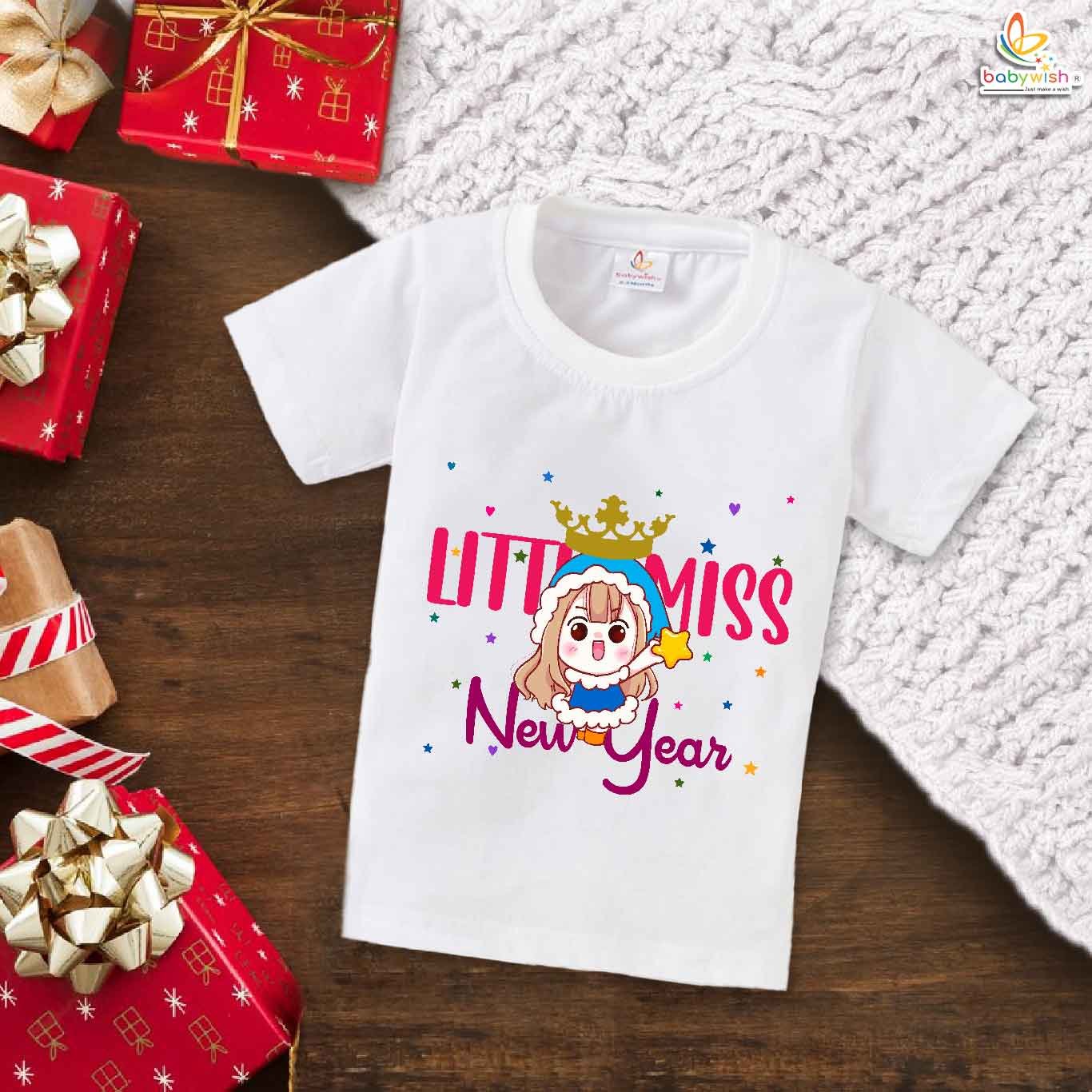 Adorable My First New Year Baby T-Shirt Little Miss Print – Soft Cotton Unisex Half Sleeve Outfit for Infant Boys & Girls | Cute Festive Party & Photoshoot Dress – Babywish
